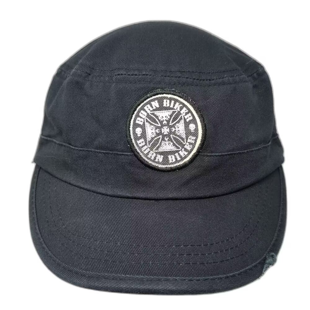 Biker Wear Army Cap Black Fitted OS Iron Cross Born Biker Embroidered Cotton Hat
